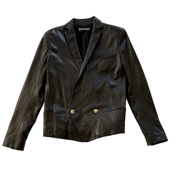 BALMAIN BLACK LEATHER DOUBLE BREASTED BLAZER JACKET 42 FR 10 US - Picture 1 of 6